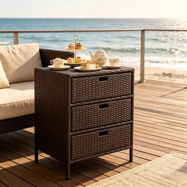 Alt view image 3 of 7 - Outdoor Towel Rack,3 Drawers Cabinet Organizer,Rattan Storage Cabinet