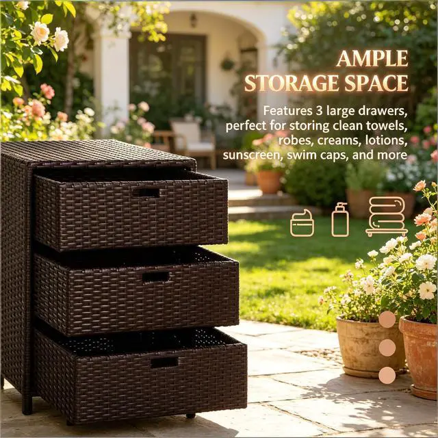 Alt view image 5 of 7 - Outdoor Towel Rack,3 Drawers Cabinet Organizer,Rattan Storage Cabinet