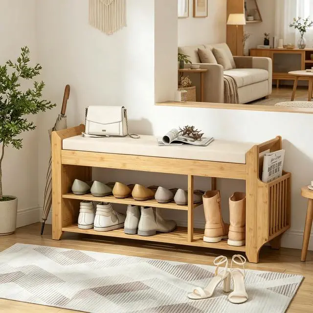 Alt view image 3 of 7 - Entryway Storage Bench,Shoe Bench with Comfortable Cushioned Seating