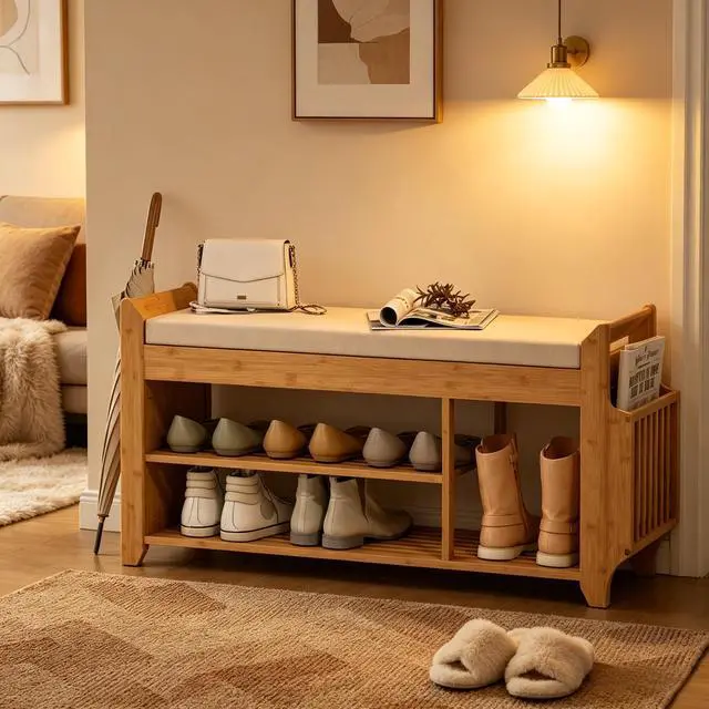 Alt view image 4 of 7 - Entryway Storage Bench,Shoe Bench with Comfortable Cushioned Seating