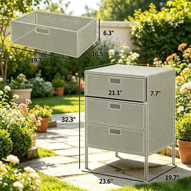 Alt view image 6 of 7 - Outdoor Towel Rack,3 Drawers Cabinet Organizer,Rattan Storage Cabinet