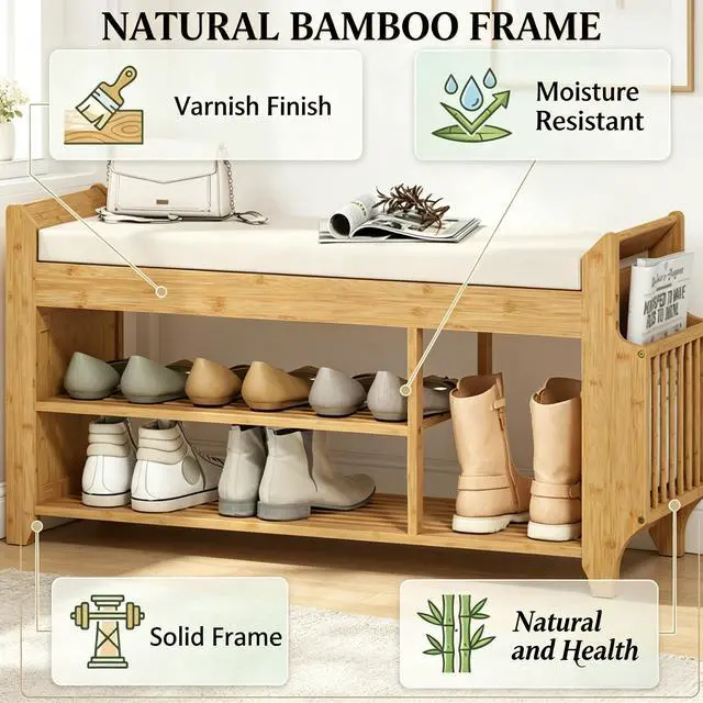 Alt view image 7 of 7 - Entryway Storage Bench,Shoe Bench with Comfortable Cushioned Seating