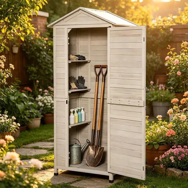 Alt view image 4 of 7 - Outdoor Storage Shed,Outdoor Storage Cabinet,Tools Shed with Tilted Tin Roof