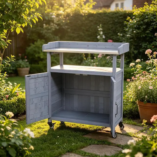 Alt view image 2 of 7 - Backyard Storage Cabinet,Wooden Storage Cabinet,Patio Storage Cabinet,Outdoor Storage Cabinet
