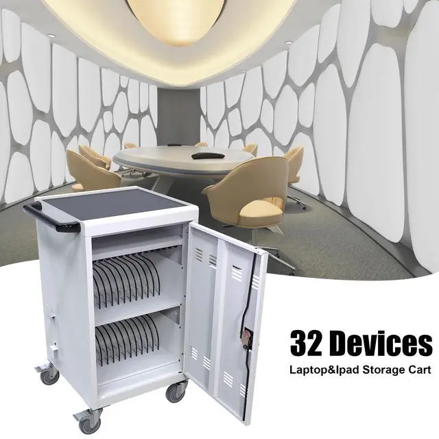 Alt view image 4 of 7 - 30+2Bay Mobile School Charging Cart Station for Chromebook, Tablet and Laptop Computer with Power Strip Included, Assembly Required-WHITE