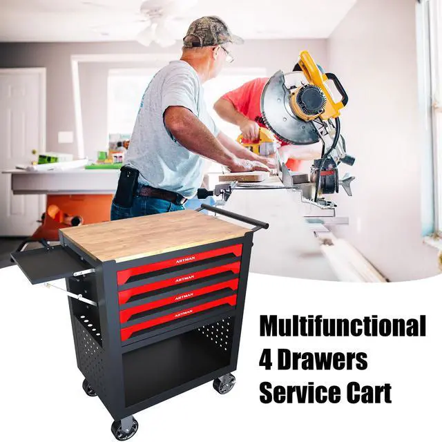 Alt view image 2 of 7 - 4 DRAWERS MULTIFUNCTIONAL TOOL CART WITH WHEELS AND WOODEN TOP
