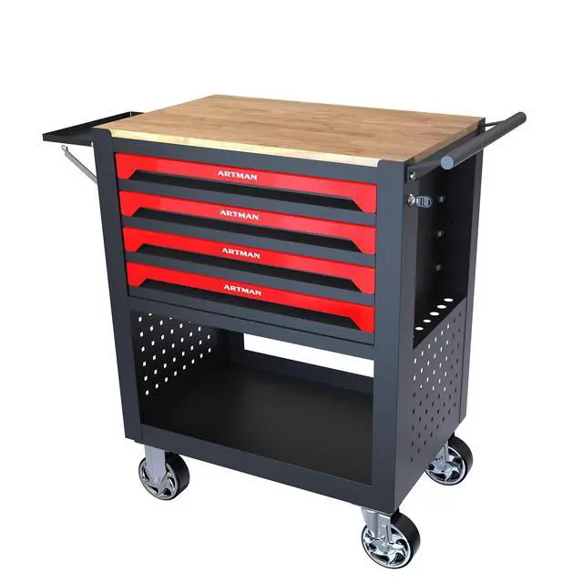 Alt view image 6 of 7 - 4 DRAWERS MULTIFUNCTIONAL TOOL CART WITH WHEELS AND WOODEN TOP