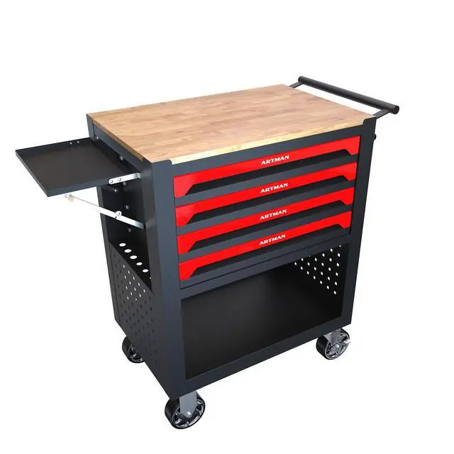 Alt view image 4 of 7 - 4 DRAWERS MULTIFUNCTIONAL TOOL CART WITH WHEELS AND WOODEN TOP