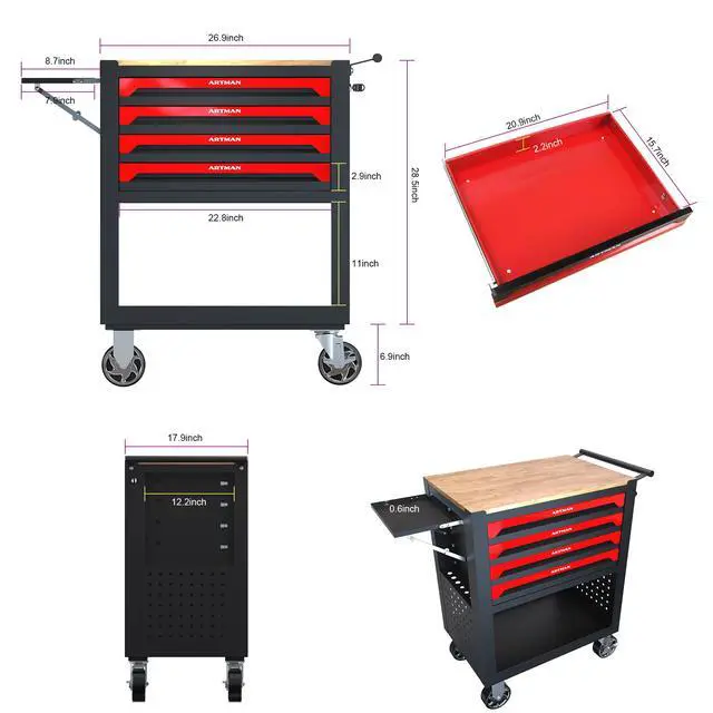 Alt view image 3 of 7 - 4 DRAWERS MULTIFUNCTIONAL TOOL CART WITH WHEELS AND WOODEN TOP