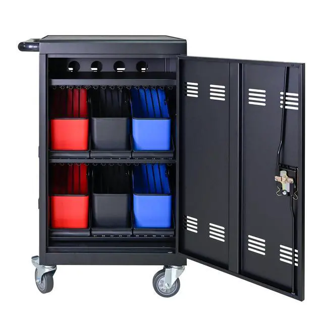 Alt view image 4 of 7 - Tablet Laptop 32-bit-Plastic Device Basket Device for Mobile Charging Trolley- Includes Cable Management Dividers, Cable Clips, Storage Compartment, and Removable Doors (Black)