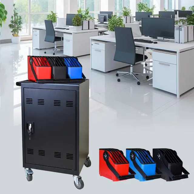 Alt view image 2 of 7 - Tablet Laptop 32-bit-Plastic Device Basket Device for Mobile Charging Trolley- Includes Cable Management Dividers, Cable Clips, Storage Compartment, and Removable Doors (Black)