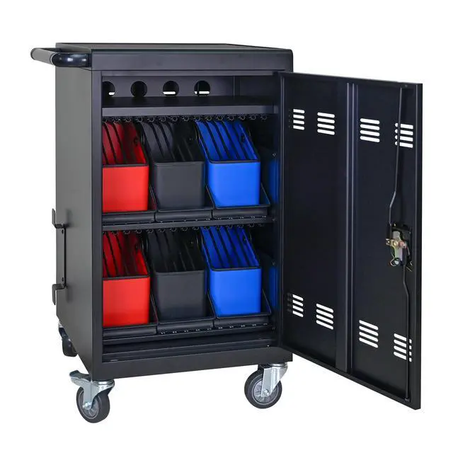 Alt view image 5 of 7 - Tablet Laptop 32-bit-Plastic Device Basket Device for Mobile Charging Trolley- Includes Cable Management Dividers, Cable Clips, Storage Compartment, and Removable Doors (Black)
