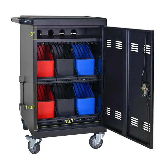 Alt view image 7 of 7 - Tablet Laptop 32-bit-Plastic Device Basket Device for Mobile Charging Trolley- Includes Cable Management Dividers, Cable Clips, Storage Compartment, and Removable Doors (Black)