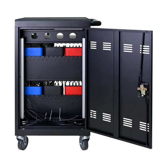 Alt view image 6 of 7 - Tablet Laptop 32-bit-Plastic Device Basket Device for Mobile Charging Trolley- Includes Cable Management Dividers, Cable Clips, Storage Compartment, and Removable Doors (Black)
