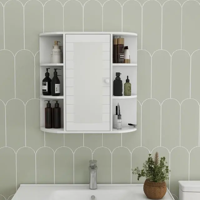 Main image of Bathroom Medicine Cabinet with Mirror, Wall Mounted Bathroom Cabinet with Mirror Door, 6 Open Shelves,3 Adjustable Shelves for Bathroom Living Room Laundry Bedroom-White
