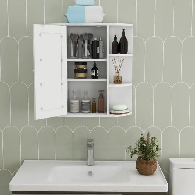 Alt view image 3 of 7 - Bathroom Medicine Cabinet with Mirror, Wall Mounted Bathroom Cabinet with Mirror Door, 6 Open Shelves,3 Adjustable Shelves for Bathroom Living Room Laundry Bedroom-White