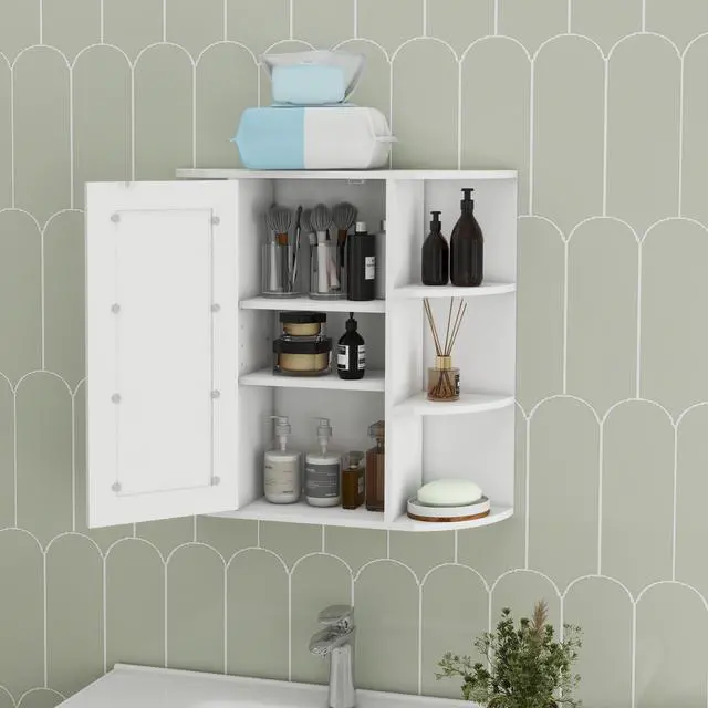 Alt view image 4 of 7 - Bathroom Medicine Cabinet with Mirror, Wall Mounted Bathroom Cabinet with Mirror Door, 6 Open Shelves,3 Adjustable Shelves for Bathroom Living Room Laundry Bedroom-White