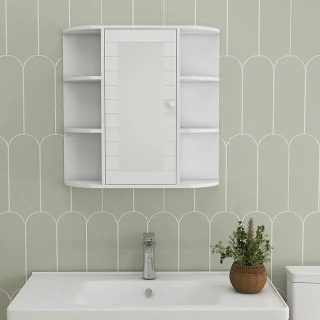 Alt view image 6 of 7 - Bathroom Medicine Cabinet with Mirror, Wall Mounted Bathroom Cabinet with Mirror Door, 6 Open Shelves,3 Adjustable Shelves for Bathroom Living Room Laundry Bedroom-White