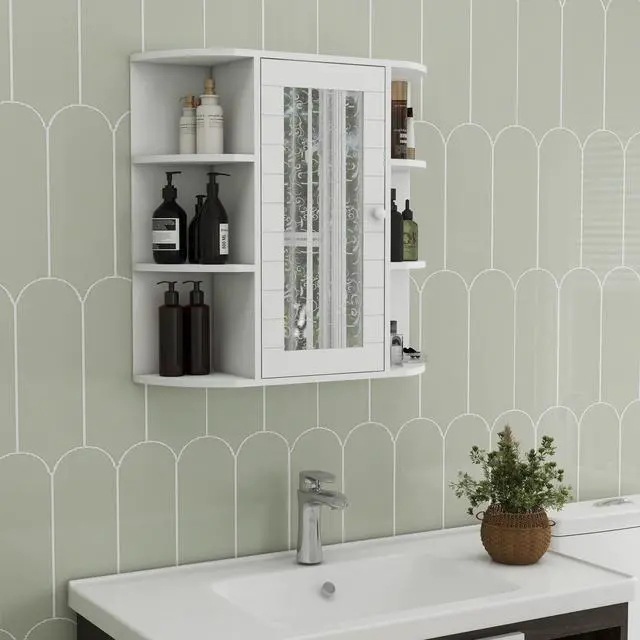 Alt view image 2 of 7 - Bathroom Medicine Cabinet with Mirror, Wall Mounted Bathroom Cabinet with Mirror Door, 6 Open Shelves,3 Adjustable Shelves for Bathroom Living Room Laundry Bedroom-White