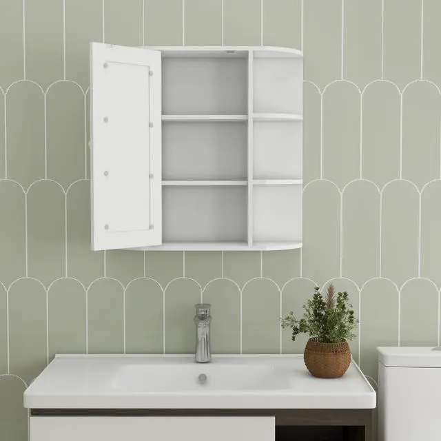 Alt view image 7 of 7 - Bathroom Medicine Cabinet with Mirror, Wall Mounted Bathroom Cabinet with Mirror Door, 6 Open Shelves,3 Adjustable Shelves for Bathroom Living Room Laundry Bedroom-White