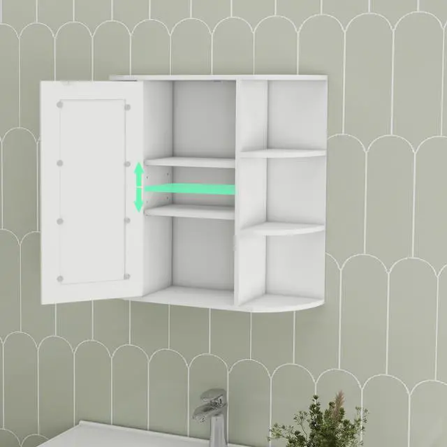 Alt view image 5 of 7 - Bathroom Medicine Cabinet with Mirror, Wall Mounted Bathroom Cabinet with Mirror Door, 6 Open Shelves,3 Adjustable Shelves for Bathroom Living Room Laundry Bedroom-White
