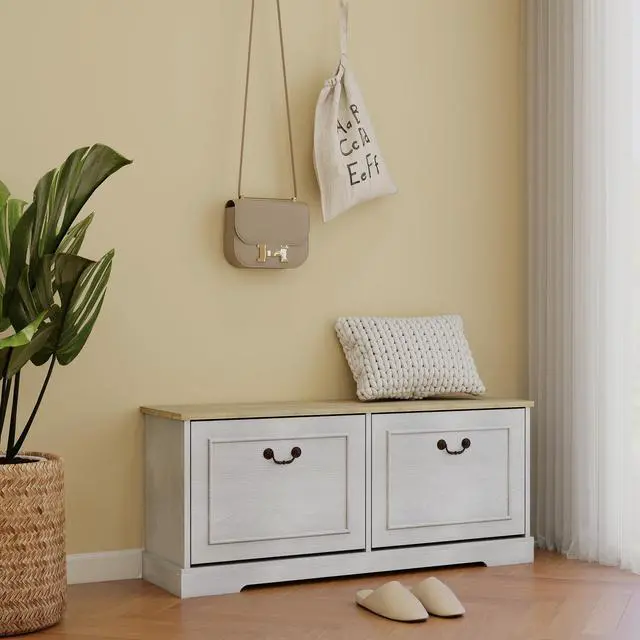 Alt view image 2 of 7 - Shoe Storage Bench with 2 Flip Drawers and Adjustable Shelf for Entryway, Hallway, Bedroom-Antique White