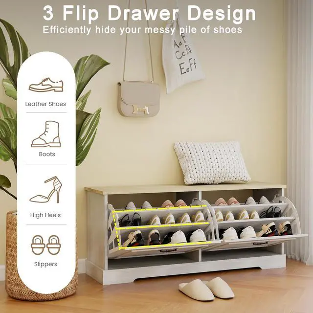 Alt view image 5 of 7 - Shoe Storage Bench with 2 Flip Drawers and Adjustable Shelf for Entryway, Hallway, Bedroom-Antique White
