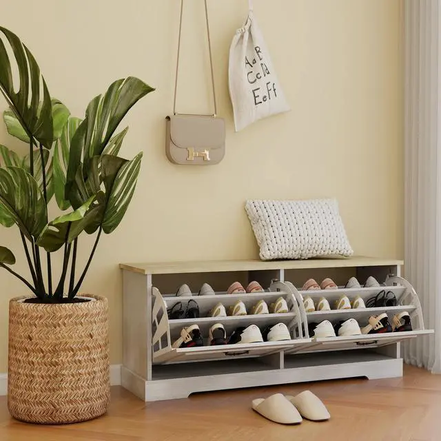 Alt view image 4 of 7 - Shoe Storage Bench with 2 Flip Drawers and Adjustable Shelf for Entryway, Hallway, Bedroom-Antique White