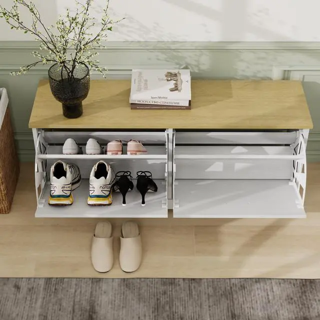 Alt view image 7 of 7 - Shoe Storage Bench with 2 Flip Drawers and Adjustable Shelf for Entryway, Hallway, Bedroom-Antique White