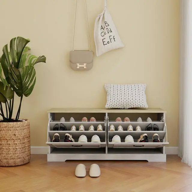 Alt view image 3 of 7 - Shoe Storage Bench with 2 Flip Drawers and Adjustable Shelf for Entryway, Hallway, Bedroom-Antique White