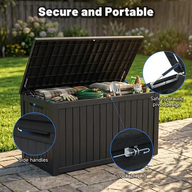 Alt view image 2 of 7 - 180 Gallon Large Outdoor Storage XXL Deck Box for Patio Furniture, Outdoor Cushions, Garden Tools and Sports/Pools Equipment, Waterproof Resin, Lockable, Black
