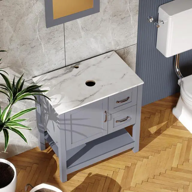 Alt view image 3 of 7 - 30" Gray Bathroom Vanity and Sink Combo Marble Pattern Top w/Mirror Faucet&Drain