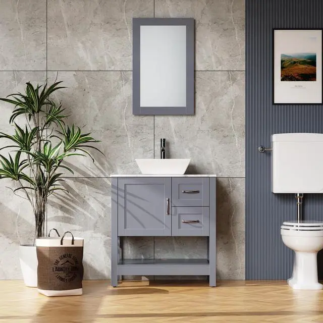 Main image of 30" Gray Bathroom Vanity and Sink Combo Marble Pattern Top w/Mirror Faucet&Drain