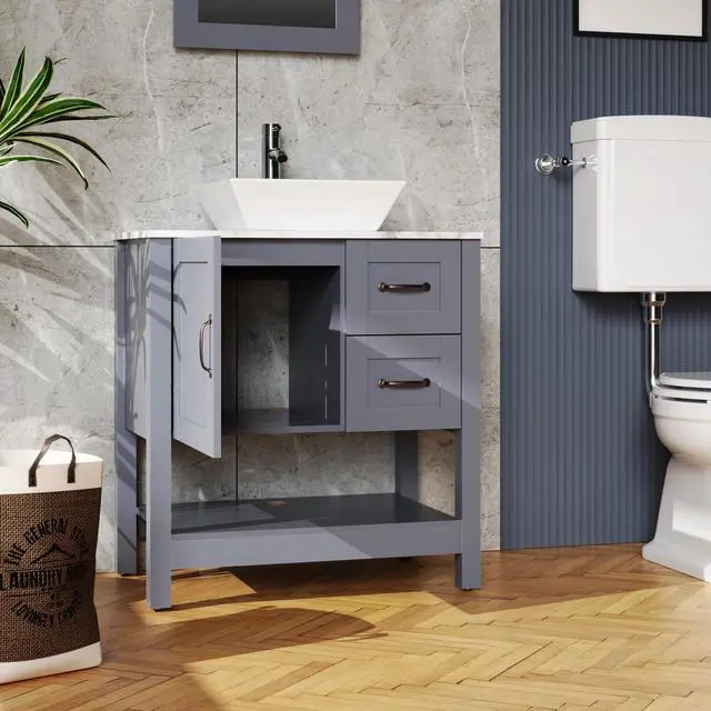 Alt view image 2 of 7 - 30" Gray Bathroom Vanity and Sink Combo Marble Pattern Top w/Mirror Faucet&Drain