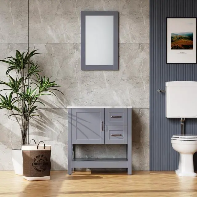Alt view image 2 of 7 - 30in Gray Bathroom Vanity w/ Mirror and Top Only