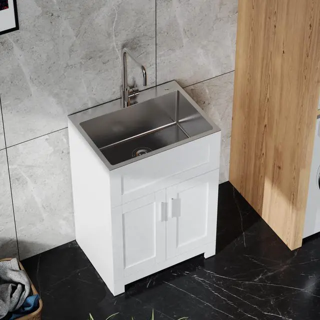 Alt view image 4 of 7 - 24in White Paint Free Laundry Tub Cabinet w/ Stainless Steel Combo(Update)