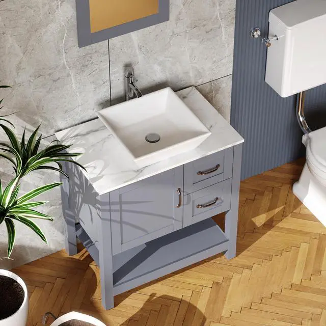 Alt view image 4 of 7 - 30" Gray Bathroom Vanity and Sink Combo Marble Pattern Top w/Mirror Faucet&Drain