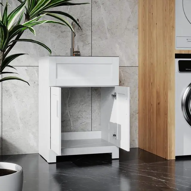 Alt view image 6 of 7 - 24in White Paint Free Laundry Tub Cabinet w/ Stainless Steel Combo(Update)
