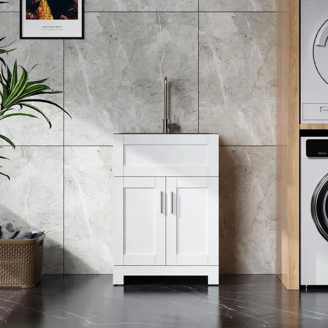 Alt view image 2 of 7 - 24in White Paint Free Laundry Tub Cabinet w/ Stainless Steel Combo(Update)