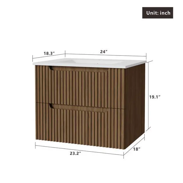 Alt view image 3 of 7 - Goodyo 24" Wall-Mount Bathroom Vanity Cabinet with White Basin Sink Combo Floating, Walnut