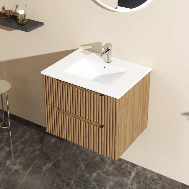 Alt view image 7 of 7 - Goodyo 24" Wall-Mount Bathroom Vanity Cabinet with White Basin Sink Combo Floating, Walnut