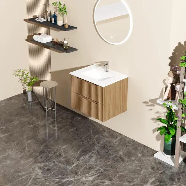 Alt view image 5 of 7 - Goodyo 24" Wall-Mount Bathroom Vanity Cabinet with White Basin Sink Combo Floating, Walnut