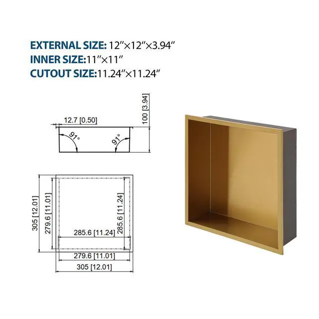 Alt view image 3 of 7 - 12" x 12" Stainless Steel Shower Niche, Gold
