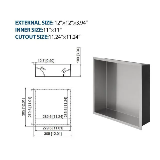 Alt view image 3 of 7 - 12" x 12" Stainless Steel Shower Niche, Brushed Nickel