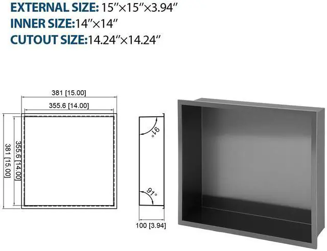 Alt view image 3 of 7 - 15" x 15" Stainless Steel Shower Niche, Gunmetal Black