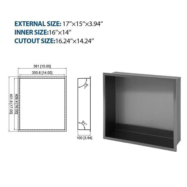 Alt view image 3 of 7 - 17" x 15" Stainless Steel Shower Niche, Gunmetal Black