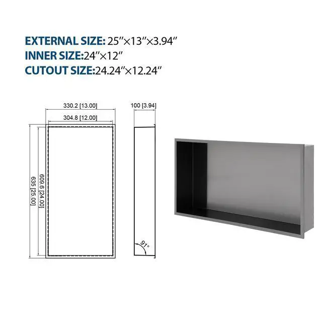 Alt view image 3 of 7 - 25" x 13" Stainless Steel Shower Niche, Gunmetal Black