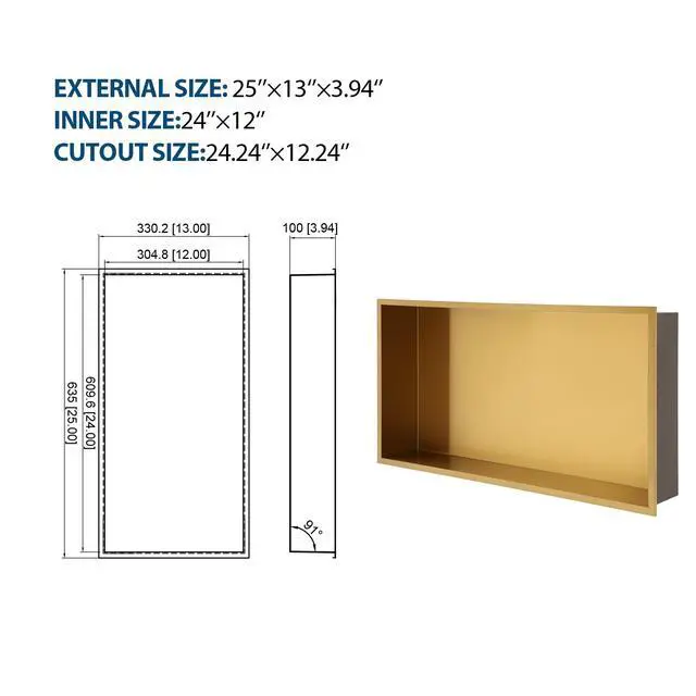 Alt view image 3 of 7 - 25" x 13" Stainless Steel Shower Niche, Gold