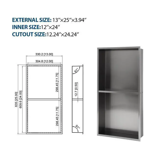 Alt view image 3 of 7 - 13" x 25" Stainless Steel Shower Niche Double Shelf, Gunmetal Black