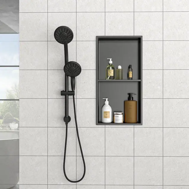 Alt view image 4 of 7 - 13" x 25" Stainless Steel Shower Niche Double Shelf, Gunmetal Black
